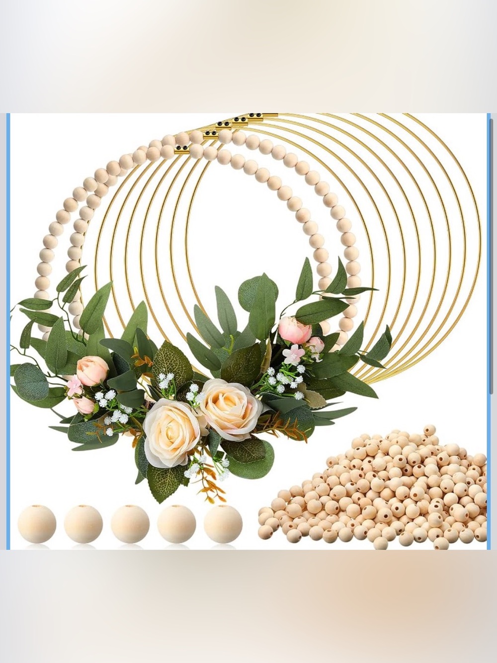 New Open Box 10 Sets Wood Bead Wreath 12In, Metal w Beads Hoops Crafts Rustic